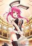  akkijin animal_ears bunny_ears bunny_girl bunny_tail bunnysuit casino flower fortuna_(shinkai_no_valkyrie) hair_flower hair_ornament looking_at_viewer maid official_art open_mouth orange_eyes pink_hair shinkai_no_valkyrie solo tail thighhighs 