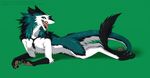  2017 anthro black_fur claws english_text fluffy forked_tongue fur green_background green_eyes green_fur looking_at_viewer lying male nude on_front sergal sidgi signature simple_background solo tail_tuft teeth text toe_claws tongue tongue_out tuft white_fur 