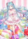  aqua_eyes aqua_hair dress food full_body hatsune_miku in_food long_hair looking_at_viewer minigirl shiny shiny_hair sitting smile solo strapless strapless_dress tena twintails very_long_hair vocaloid white_day white_dress 