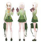  antweiyi bag book braid dong-jin_rice-hime green_eyes green_footwear green_skirt hair_ornament handbag headphones headphones_around_neck holding holding_book kneehighs long_hair multiple_views profile school_uniform shoes skirt socks standing suiji white_hair white_legwear 