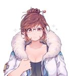  artist_name bangs beads black_shirt breasts brown_eyes brown_hair cleavage closed_mouth coat collarbone eyebrows_visible_through_hair fur-trimmed_coat fur_coat fur_trim glasses hair_bun hair_ornament hair_stick hand_up highres huge_breasts long_sleeves looking_at_viewer mei_(overwatch) open_clothes open_coat overwatch panza parka shirt short_hair simple_background sleeveless snowflake_hair_ornament solo tank_top upper_body white_background winter_clothes winter_coat 