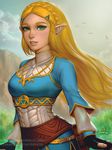  blonde_hair breasts green_eyes hair_ornament hairclip highres long_hair looking_at_viewer parted_lips pointy_ears princess_zelda realistic sciamano240 solo the_legend_of_zelda the_legend_of_zelda:_breath_of_the_wild upper_body 