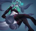  2017 anthro breasts butt clothed clothing elbow_gloves female fish gloves green_eyes green_hair hair iwbitu legwear long_hair marine on_glass open_mouth pussy rubber shark sitting solo 