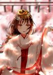  brown_eyes brown_hair cherry_blossoms chihaya_(clothing) hair_ornament highres holding japanese_clothes kimi_no_na_wa kimono long_hair miko milktower miyamizu_mitsuha red_lips red_ribbon ribbon solo 