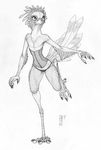  2017 ambiguous_gender anthro avian beak bird claws clothed clothing corset ecmajor english_text feathers hi_res lingerie monochrome pencil_(artwork) raised_leg scales secretary_bird signature simple_background smile solo text thong toe_claws traditional_media_(artwork) white_background 