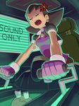  ass breasts brown_hair earrings gloves green_eyes hair_pulled_back hairband highres jewelry mecha pantyhose pink_hairband rockman rockman_dash rog_rockbe short_hair small_breasts solo tron_bonne 