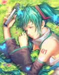  artist_name blue_eyes breasts character_name detached_sleeves flower grass green_hair grey_shirt hair_ornament hatsune_miku heterochromia highres holding holding_microphone long_hair lying medium_breasts microphone on_side parted_lips red_eyes red_flower shirt sideboob sleeveless sleeveless_shirt solo tattoo twintails upper_body vocaloid yuket 