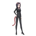  animal_ears black_footwear black_hair bodysuit boots bow braid breasts brown_eyes character_request collarbone grey_bow hair_bow hand_on_hip high_heel_boots high_heels knee_boots long_hair looking_at_viewer simple_background small_breasts solo tail white_background zipper 