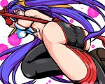  1girl arc_system_works artist_request ass bare_shoulders blazblue blazblue:_central_fiction blazblue_variable_heart blue_hair boots breasts genderswap genderswap_(mtf) gloves hair_bow hair_ribbon large_breasts long_hair looking_at_viewer mai_natsume no_bra no_panties pants ponytail purple_eyes ribbon shiny shiny_clothes shiny_skin skin_tight solo spear very_long_hair weapon 