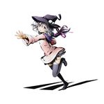  black_bullet black_hat black_legwear black_skirt divine_gate full_body fuse_midori hair_ribbon hat leg_up long_hair miniskirt official_art pink_sweater ponytail purple_eyes purple_ribbon ribbon silver_hair skirt solo sweater thighhighs transparent_background ucmm witch_hat zettai_ryouiki 