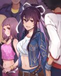  2girls :d armband belt blue_jacket blue_pants blurry blurry_background blurry_foreground bracelet breasts brown_eyes brown_hair cleavage collarbone crop_top hair_between_eyes hair_ribbon high_ponytail holding itsuwa jacket jewelry kanzaki_kaori long_hair long_sleeves medium_breasts midriff multiple_girls nanaheibei_3 navel open_clothes open_jacket open_mouth pants pink_shirt ribbon shirt short_hair sleeveless sleeveless_shirt smile standing stomach to_aru_majutsu_no_index very_long_hair white_ribbon white_shirt 