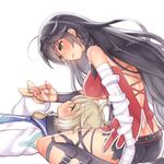  1girl ahoge ass bandaged_arm bandages black_hair blush braid breasts closed_mouth collar folks_(nabokof) from_side holding_hands laphicet_(tales) large_breasts looking_up lying medium_breasts on_back sailor_collar side_braid sitting smile tales_of_(series) tales_of_berseria velvet_crowe wariza white_background yellow_eyes 