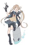  absurdres abukuma_(kantai_collection) bike_shorts black_gloves blonde_hair blue_eyes boots bubble cannon full_body gloves gun hair_between_eyes hair_rings highres jacket kantai_collection long_hair looking_at_viewer open_mouth partly_fingerless_gloves remodel_(kantai_collection) school_uniform short_sleeves shorts shorts_under_skirt simple_background skirt solo standing standing_on_one_leg sweater sy-l-via twintails very_long_hair weapon white_background 