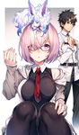  1girl bare_shoulders between_breasts blue_eyes breasts brown_hair command_spell cut_(bu-kunn) fate/grand_order fate_(series) fou_(fate/grand_order) fujimaru_ritsuka_(male) glasses highres jacket lavender_hair mash_kyrielight necktie necktie_between_breasts pantyhose purple_eyes sitting 