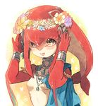  :d arms_up bangs bare_shoulders blush bracer breasts choker collarbone daisy fins fish_girl flower hair_between_eyes hair_ornament head_wreath jewelry kinako_(462) lips long_hair looking_up midriff mipha monster_girl multicolored multicolored_skin necklace no_eyebrows no_nipples no_nose open_mouth orange_eyes pink_lips princess red_hair red_skin shiny shiny_skin sidelocks small_breasts smile solo tareme teeth the_legend_of_zelda the_legend_of_zelda:_breath_of_the_wild upper_body white_skin zora 