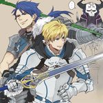  armor arthur_pendragon_(fate) blonde_hair blue_hair cu_chulainn_(fate/prototype) excalibur_(fate/prototype) fate/grand_order fate/prototype fate_(series) gauntlets green_eyes holding holding_weapon hood horns king_hassan_(fate/grand_order) long_hair male_focus mask multiple_boys polearm ponytail red_eyes ree_(re-19) skull spear sword weapon 