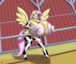  2017 anthro anthrofied areola badgerben big_breasts blues64 breasts clothing cowbell cutie_mark equine female fluttershy_(mlp) friendship_is_magic hair hand_on_breast huge_breasts hyper hyper_breasts legwear mammal my_little_pony nipples pegasus pink_hair solo spread_wings wings 