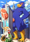  anthro avian big_penis bird building building_penetration bulge canine car city clothed clothing cum cum_bath erection erection_under_clothes falco_lombardi fox fox_mccloud looking_up macro male mammal manmosu_marimo nintendo penis red_penis star_fox vehicle video_games 