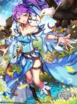  artist_name bird boots bracelet company_name copyright_name dagger eagle earrings gyakushuu_no_fantasica jewelry leaf long_hair muse_(rainforest) open_mouth ponytail purple_hair red_eyes rock sky solo weapon 