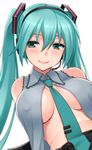  alternate_breast_size aqua_neckwear bare_shoulders between_breasts blush breasts breasts_apart closed_mouth collarbone collared_shirt covered_nipples eyebrows eyebrows_visible_through_hair green_eyes green_hair grey_shirt hair_between_eyes half-closed_eyes hatsune_miku headset hormone_koijirou large_breasts long_hair looking_at_viewer microphone necktie necktie_between_breasts no_bra pink_lips shiny shiny_hair shiny_skin shirt sidelocks sleeveless sleeveless_shirt smile solo tied_hair twintails underboob upper_body very_long_hair vocaloid white_background wing_collar 