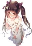  apron bangs blush bow brown_eyes brown_hair collarbone commentary_request cowboy_shot cropped_legs embarrassed hair_bow himekaidou_hatate ken_(coffee_michikusa) leaning_forward long_hair looking_at_viewer naked_apron nose_blush open_mouth pointy_ears purple_bow solo strap_slip touhou twintails 