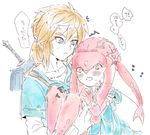  1boy 1girl bangs blonde_hair blue_eyes blue_shirt blush bracer carrying collarbone commentary_request diamond_(shape) fins fish_girl flying_sweatdrops hair_between_eyes hair_ornament hands_clasped interlocked_fingers konagona link lips long_hair long_sleeves mipha monster_girl multicolored multicolored_skin no_eyebrows no_nose open_mouth orange_eyes own_hands_together pointy_ears princess princess_carry red_hair red_skin sheath sheathed shirt short_hair short_ponytail short_sleeves simple_background speech_bubble strap sweat sword teeth text_focus the_legend_of_zelda the_legend_of_zelda:_breath_of_the_wild translated undershirt weapon white_background white_shirt white_skin zora 