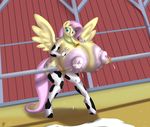  2017 anthro anthrofied areola badgerben big_breasts blues64 breasts clothing cowbell cutie_mark equine female fluttershy_(mlp) friendship_is_magic hair hand_on_breast huge_breasts hyper hyper_breasts lactating legwear mammal milk my_little_pony nipples pegasus pink_hair solo spread_wings wings 