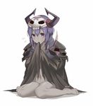  black_cloak blush cosplay covered_mouth eiri_(eirri) fate/grand_order fate/prototype fate/prototype:_fragments_of_blue_and_silver fate_(series) flying_sweatdrops full_body grey_skin hassan_of_serenity_(fate) horns king_hassan_(fate/grand_order) king_hassan_(fate/grand_order)_(cosplay) looking_at_viewer mask naked_cloak navel purple_eyes purple_hair short_hair sitting skull_mask spikes sweat wariza white_background 