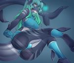  2017 anthro butt clothed clothing female fish gloves green_eyes green_hair hair iwbitu long_hair marine on_glass open_mouth shark sitting solo 