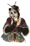  anthro bear breasts claws cleavage clothed clothing ear_piercing female hair jewelry looking_at_viewer mammal panda pandaren piercing robe simple_background smile solo video_games voluptuous warcraft wide_hips zelulae_(artist) 