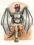  2016 anthro black_body claws clothing cute dragon fareed hair hi_res horn long_ears looking_at_viewer male monochromatic_dragon red_eyes scalie simple_background solo stripes wings 