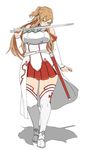  asuna_(sao) bare_shoulders blush braid breasts brown_eyes brown_hair chubby elbow_gloves female floating_hair legs long_hair plate_armor simple_background solo standing sword_art_online thighhighs thighs 