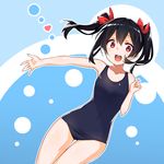  :d \||/ ass_visible_through_thighs bangs black_hair blue_swimsuit bow bubble clenched_hand engawa_(rarenago) flat_chest hair_bow heart looking_at_viewer love_live! love_live!_school_idol_project open_mouth outline outstretched_arm red_bow red_eyes school_swimsuit smile solo swimsuit thigh_gap twintails upper_teeth white_outline yazawa_nico 