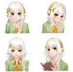  antweiyi book braid chin_rest dong-jin_rice-hime green_eyes hair_ornament headphones headphones_around_neck holding holding_book long_hair looking_at_viewer multiple_views school_uniform smile suiji upper_body white_background white_hair 