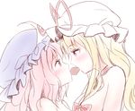  blonde_hair blush bow breasts chocolate choker hair_bow half-closed_eyes hat hat_ribbon long_hair looking_at_another minust mob_cap mouth_hold multiple_girls no_pupils nude pink_eyes pink_hair profile purple_eyes ribbon ribbon_choker saigyouji_yuyuko shared_food sidelocks simple_background sketch small_breasts touhou triangular_headpiece upper_body white_background yakumo_yukari yuri 