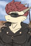  angry_expression arya_(salamikii) blue_eyes clothing dragon eyewear female fin goggles green_eyes hair horn jacket leather leather_jacket red_hair salamikii solo white_skin 