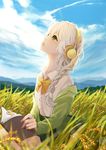  antweiyi blue_sky book braid cloud day dong-jin_rice-hime field green_eyes hair_ornament headphones highres holding holding_book long_hair looking_up open_book outdoors school_uniform sitting sky suiji 