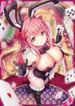  akkijin animal_ears black_gloves blush bow bowtie breasts bunny_ears card cleavage eyebrows_visible_through_hair fortuna_(shinkai_no_valkyrie) frilled_legwear gloves hair_ornament hair_ribbon heart large_breasts long_hair looking_at_viewer official_art orange_eyes pink_hair playing_card poker ribbon shinkai_no_valkyrie thighhighs 