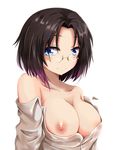  ashfair bangs blue_eyes breasts brown_hair cleavage closed_mouth collarbone dress_shirt elma_(maidragon) eyebrows_visible_through_hair glasses kobayashi-san_chi_no_maidragon looking_at_viewer medium_breasts multicolored_hair nipples off_shoulder one_breast_out open_clothes open_shirt parted_bangs pink_hair rimless_eyewear see-through shirt simple_background smile solo sweat two-tone_hair upper_body white_background 