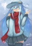  absurdres akahuzi anchor aqua_eyes bad_id bad_pixiv_id black_skirt blush breath flat_cap hammer_and_sickle hat hibiki_(kantai_collection) highres kantai_collection long_hair open_mouth red_scarf scarf scarf_pull school_uniform serafuku silver_hair skirt snow snowing solo star steam thighhighs verniy_(kantai_collection) 