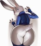  big_butt bottomless butt clothed clothing costume disney female fur judy_hopps lagomorph legwear looking_at_viewer mammal police_outfit rabbit rhodesio shirt simple_background slim solo stockings wide_hips zootopia 