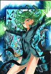  2boys black_dress curly_hair dress eyelashes flat_chest floating_hair genos glowing_hands green_eyes green_hair highres looking_at_viewer multiple_boys murata_yuusuke no_panties one-punch_man saitama_(one-punch_man) short_hair solo_focus tatsumaki telekinesis traditional_media 