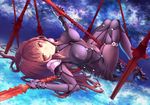  armor bodysuit breasts commentary_request covered_navel covered_nipples fate/grand_order fate_(series) gae_bolg garutaisa highres holding holding_weapon large_breasts long_hair looking_at_viewer lying on_back pauldrons polearm purple_bodysuit purple_hair red_eyes scathach_(fate)_(all) scathach_(fate/grand_order) shoulder_armor spear very_long_hair weapon 