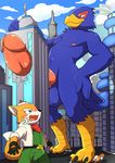  anthro avian big_penis bird building building_penetration bulge canine car city clothed clothing erection falco_lombardi fox fox_mccloud looking_up macro male mammal manmosu_marimo nintendo penis star_fox vehicle video_games 