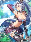  2016 armpits arrow artist_name belt bow_(weapon) breasts cleavage cloud company_name day gyakushuu_no_fantasica large_breasts leaf long_hair midriff miniskirt muse_(rainforest) navel ponytail purple_eyes quiver skirt sky solo weapon white_hair 