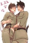  ahoge animal_ears axis_powers_hetalia blush brown_hair cat_day cat_ears cat_tail catboy green_eyes male_focus multiple_boys navel pochi_(popcooooorn) shirt_lift smile southern_italy_(hetalia) spain_(hetalia) tail yaoi 