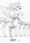  2017 amputee anthro avian bandage beak butt captain_celaeno_(mlp) ear_piercing ecmajor english_text feathers female half-closed_eyes hand_on_butt hi_res mostly_nude my_little_pony pencil_(artwork) piercing ring signature simple_background solo text traditional_media_(artwork) tuft white_background 