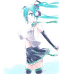  aqua_eyes aqua_hair detached_sleeves hatsune_miku headset highres kowiru long_hair looking_at_viewer navel necktie simple_background solo thighhighs twintails vocaloid 
