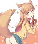  animal_ears ass blue_skirt bow doughnut eating food fox_ears fox_tail highres kara_(color1087) long_hair looking_at_viewer miyano_(tanakeda) no_panties open_mouth red_bow school_uniform skirt solo sweater tail tanaka-kun_wa_itsumo_kedaruge yellow_eyes 