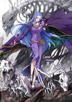  black_footwear blood bloody_tears blue_eyes caster character_name cloak dress fate/stay_night fate_(series) highres jun_ling no_headwear pointy_ears purple_dress robe rulebreaker shoes skeleton solo undead 